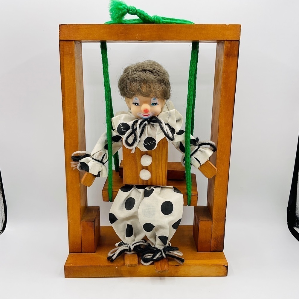 VTG Clown Doll Wood Block Swing Handmade Circus 70s Polka Dot Folk Art Retro